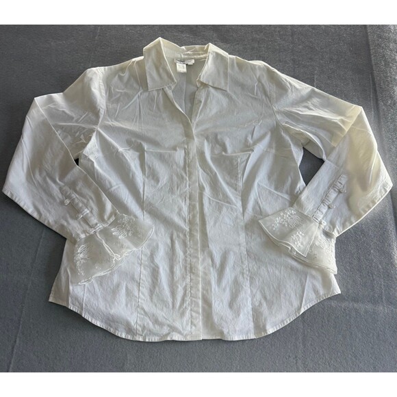 Cold Water Creek Button Up Blouse with Sheer Bell Sleeve Floral Detail, Large - Picture 2 of 4